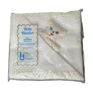 Vtg Bunnytex Baby Blanket Yellow White & Matching Teddy Lovey Unisex Floral Trim